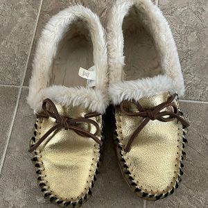 J Crew gold moccasins